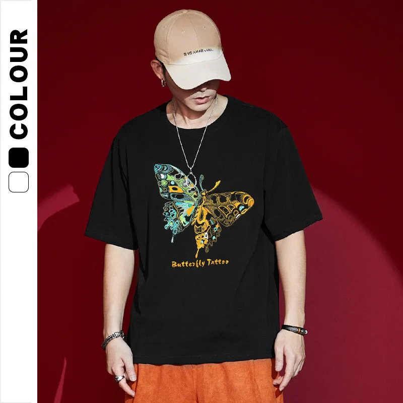 

Chinese Embroidery Butterfly T-shirt Ins Trendy Brand China-Chic Cotton Short Sleeve T-shirt Men's Fashion Loose Large Clothing