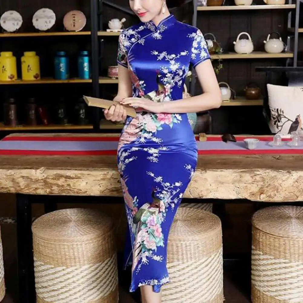 Chinese Cheongsam Dress Retro Style Floral Print Stand Collar High Side for Women Summer