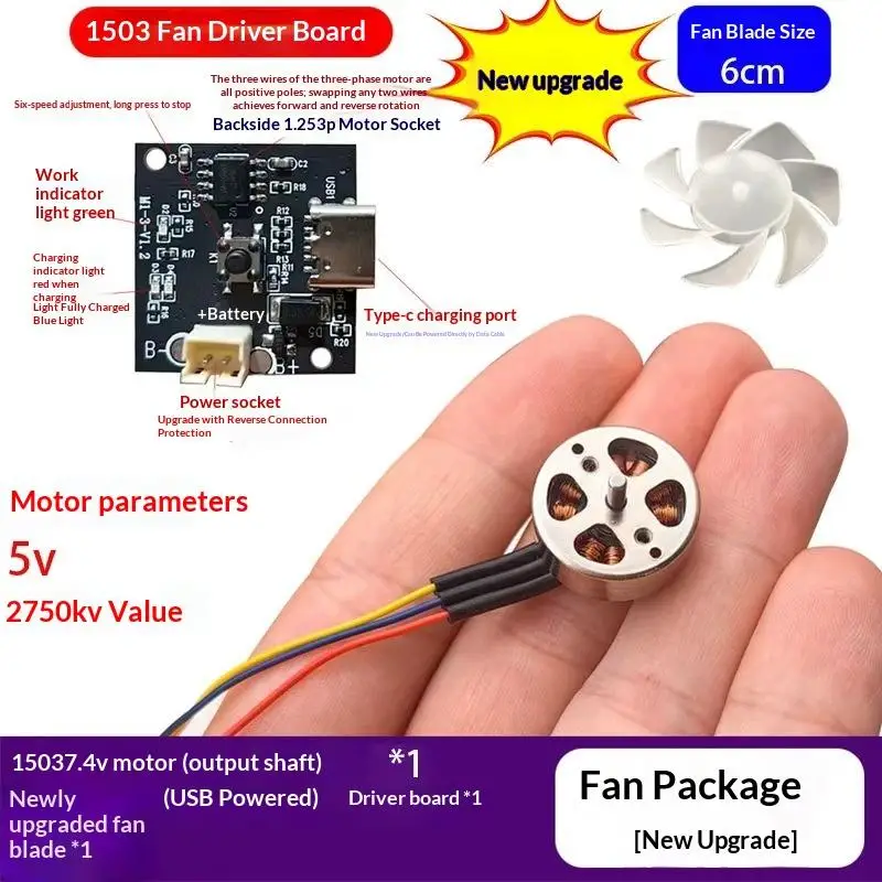 Kit Moteur Brushless 1503 avec Helice 6cm et Carte de Commande USB Type-C - Ventilateur DIY Reglable 6 Vitesses