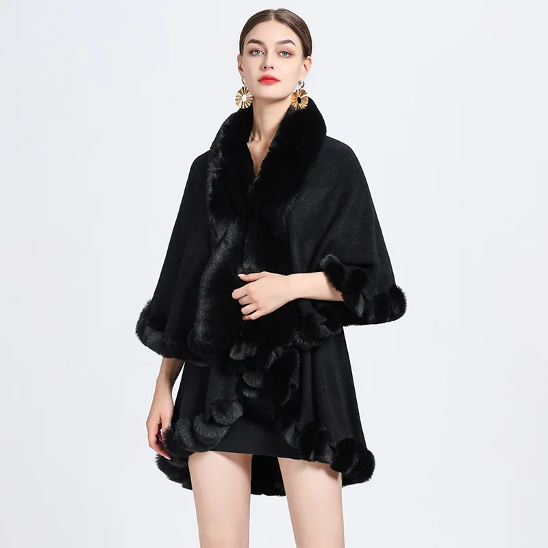 

Autumn Winter New Imitation Otter Rabbit Fur Collar Shawl Knitted Cardigan Loose Coat Ponchos Women Capes Black Cloak