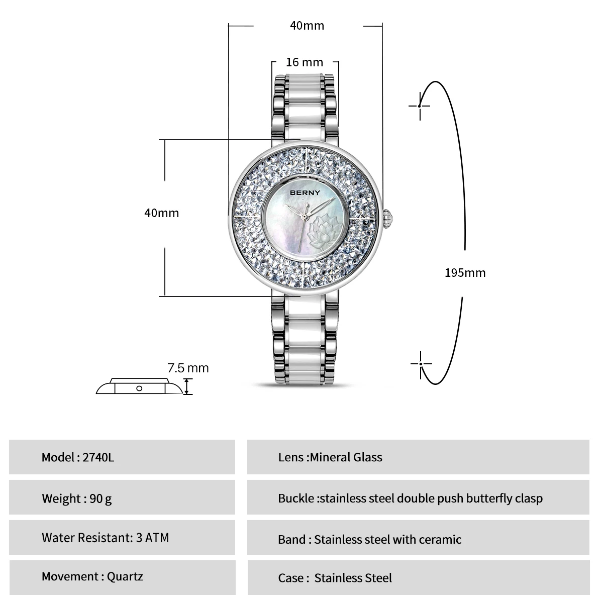 BERNY Luxusuhr für Damen, 40 mm, elegantes mehrfarbiges Zifferblatt, Damen-Quarzuhren, exquisite Kristall-wasserdichte Damen-Armbanduhr – Detail 1