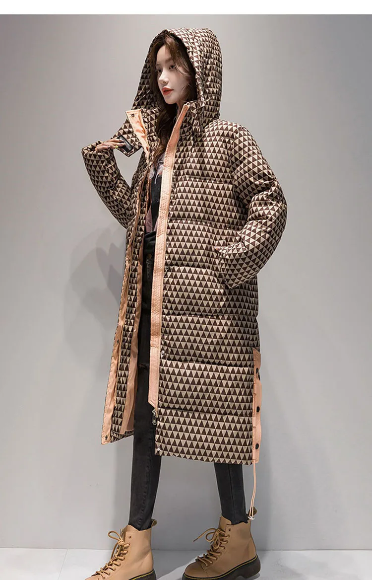 2023 Winter Warm  Plaid Long  Coat Women ' s Fashion Thicken Hooded Puffer Jacket Female Windproof Warm Outwear