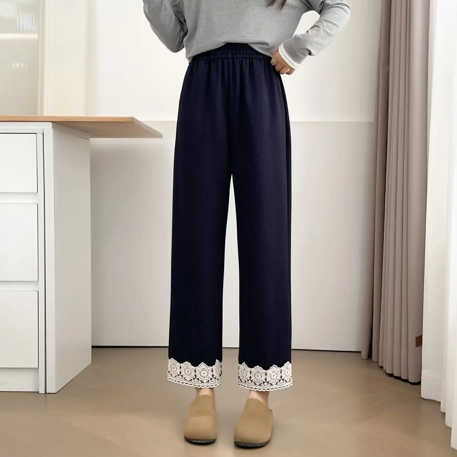 Fashion Plus Size Women's Straight Leg Pants Autumn New Style Casual Lace Hem Ankle Length Bottoms 2551