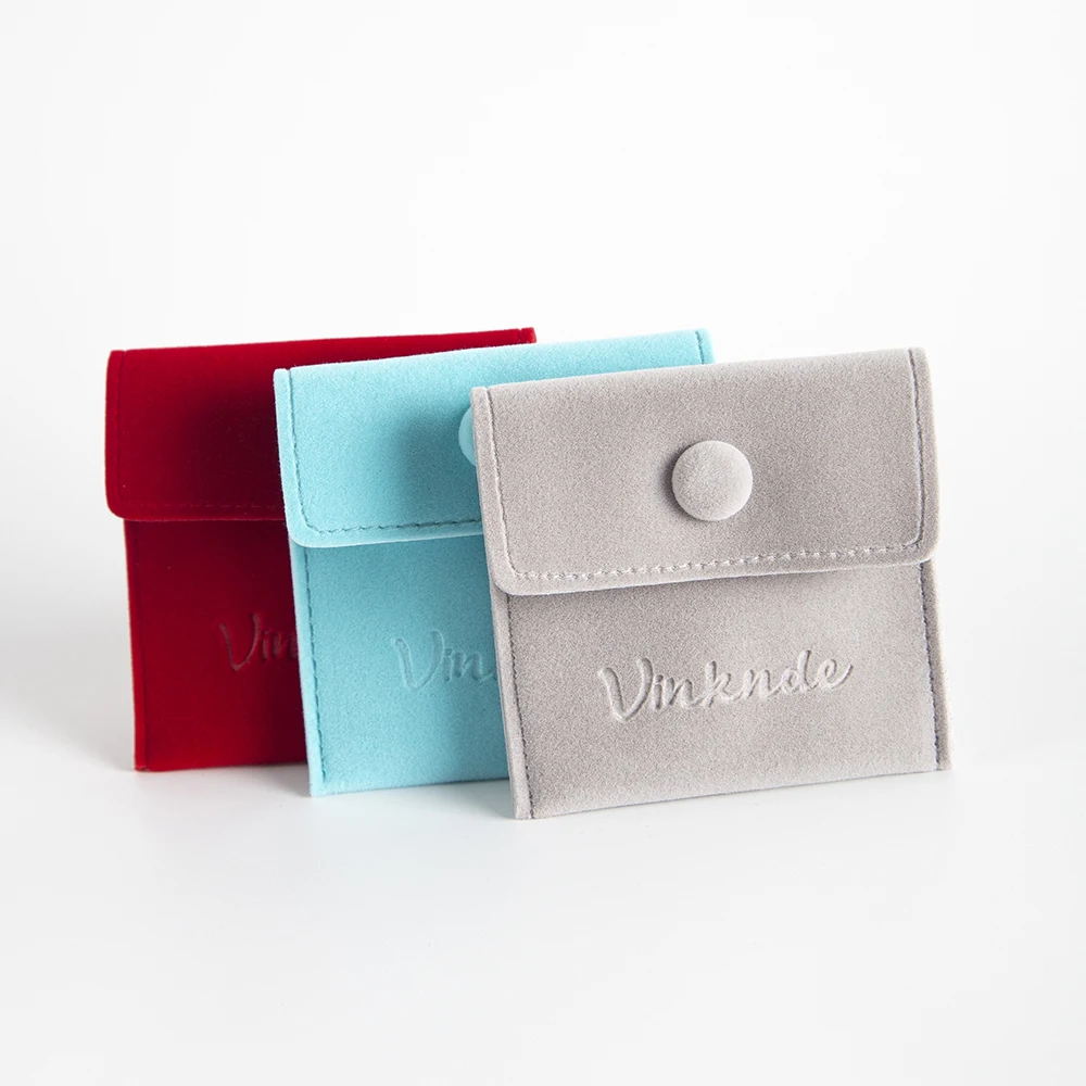 100Pcs/lot Suede Gift Jewelry Snap Pouch Bag with Custom Logo Printed Velvet Mini Soft Faux Suede with Button Jewelry Gift Pouch
