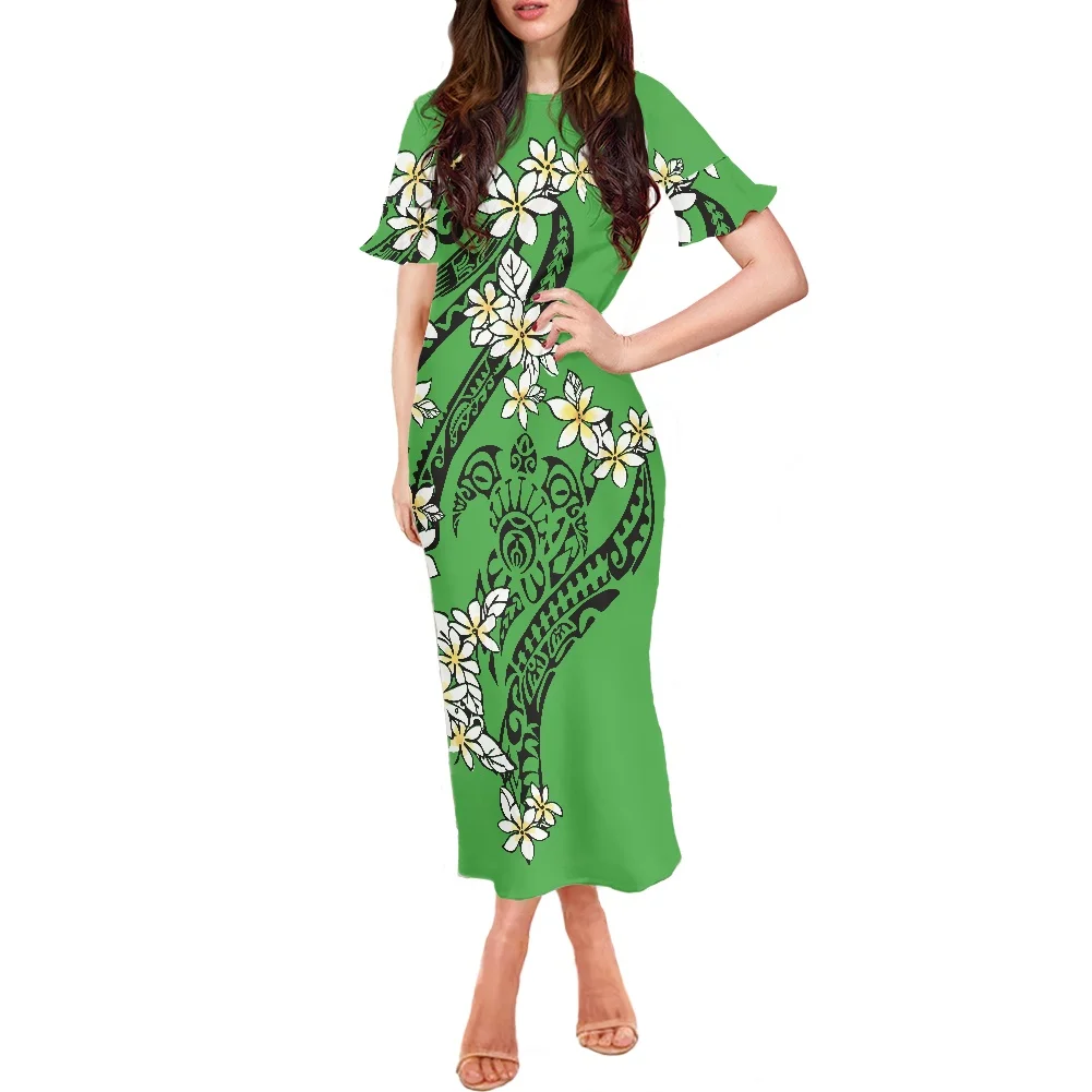 

Summer Long Dress Women Floral Printed Maxi Dress Hawaii Polynesian Tribal Frangipani Print Short Sleeve Clothing