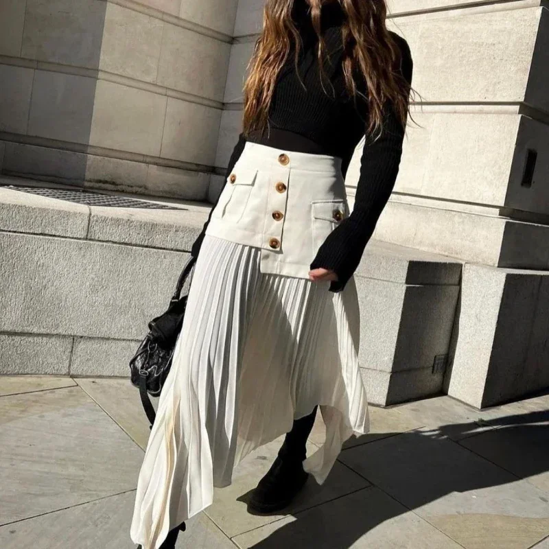 2023 New Half Skirt Irregular Chiffon Panel Pleated Multi button Pocket Long Half Skirt  Fashion Long Dress Casual Party Club