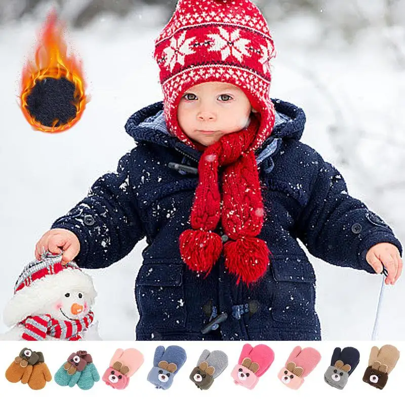 Cute Cartoon Bear Baby Gloves Winter Knitted Wool Infants Mittens Thick Warm Full Rope Gloves For Boys Girls Toddlers 0-3 Years