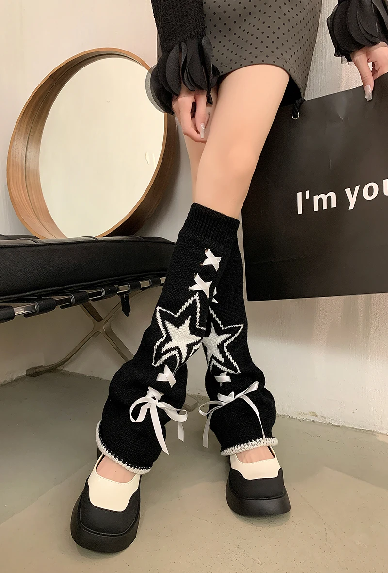 Y2K Girls Leg Warmers Fur Leg Warmers JK Girls Lolita Drawstring Five pointed Star Wide Leg Socks Set Subcultural Warm Socks