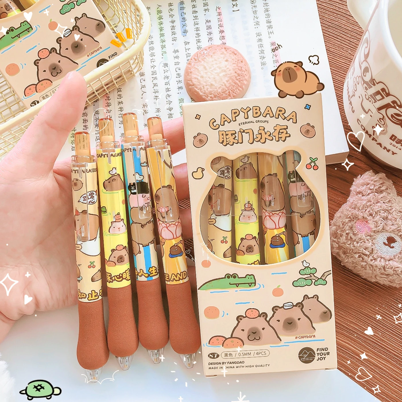 Lpitoy Cartoon Capybara Penna Gel 4 Pezzi/Set Kawaii Penna Gel Inchiostro Nero Studente Cancelleria Penne Gel Retrattili Forniture per Ufficio Scolastico