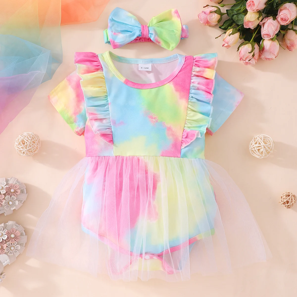 

Newest Baby Clothes Cute Mesh Short-sleeved Children's Summer Pink Halo Dyed Ruffled Mesh with Hair Band and Triangular Jumpsuit