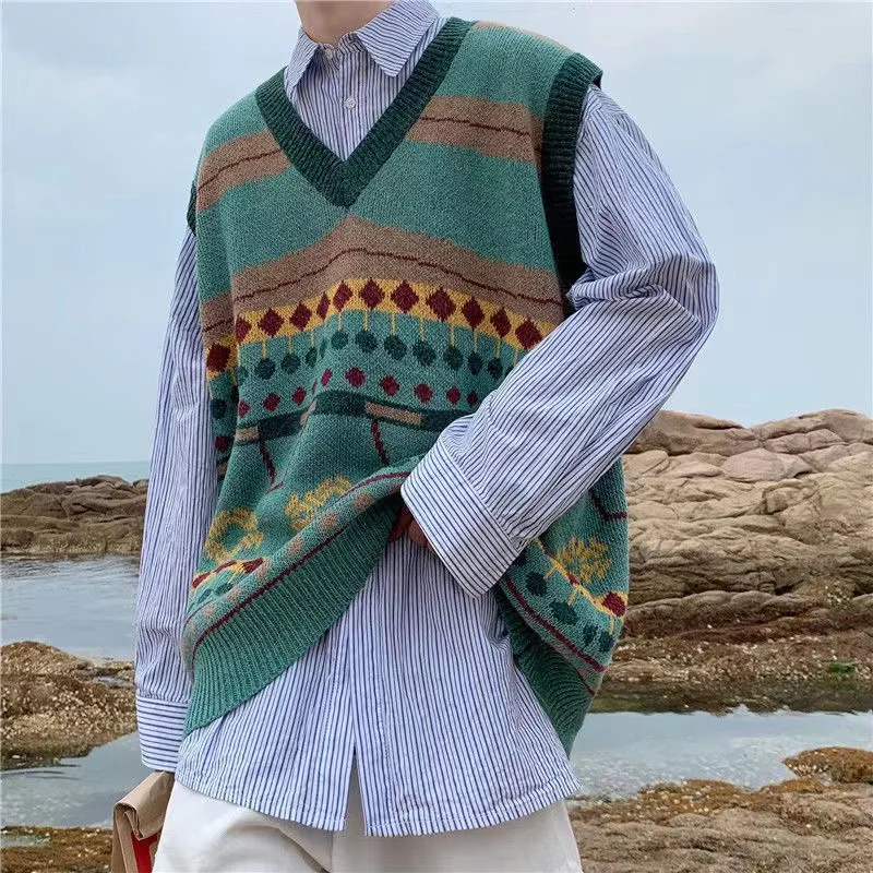 

2022 Winter Men's Wool Sweater Vest Popular V-neck Sleeveless Pullover Casual Handsome Printing Knitting 3 Color Coats S-3XL