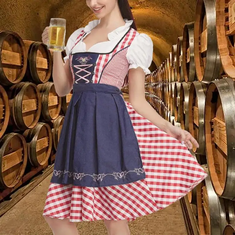 Women Midi Red Traditional Dress Women Dirndl Dress With Dirndl Apron For Oktoberfest