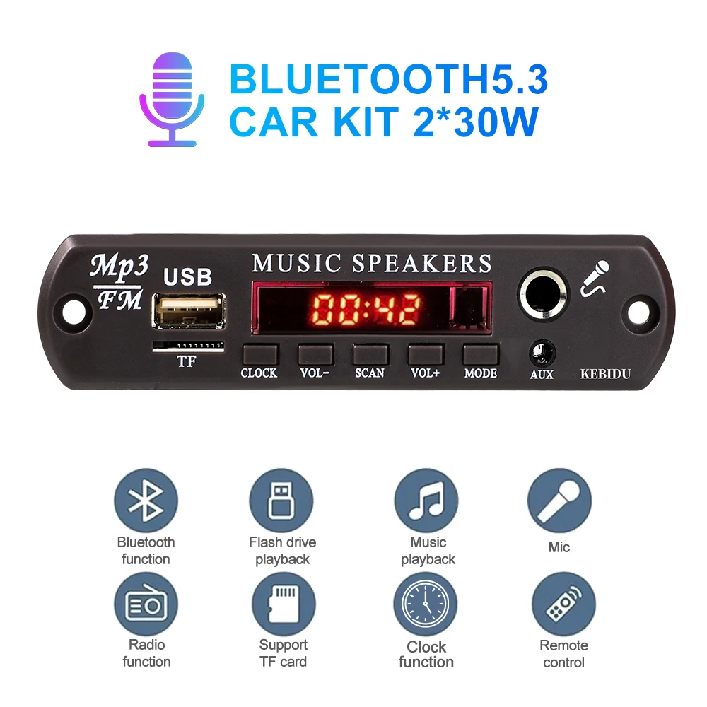 Vivavoce 60W Amplificatore Bluetooth Fai Da Te Mp3 Decoder Board 12V Time Display Microfono Wireless Car Mp3 Player Usb Tf Aux Fm Radio