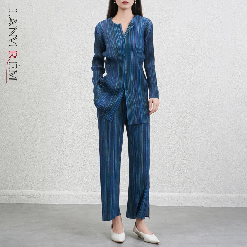 LANMREM Striped elastic Slimming High-End Set for Women 2025 Autumn New Fashion Casual Shirt and Pants Pleated Two-Piece Sets