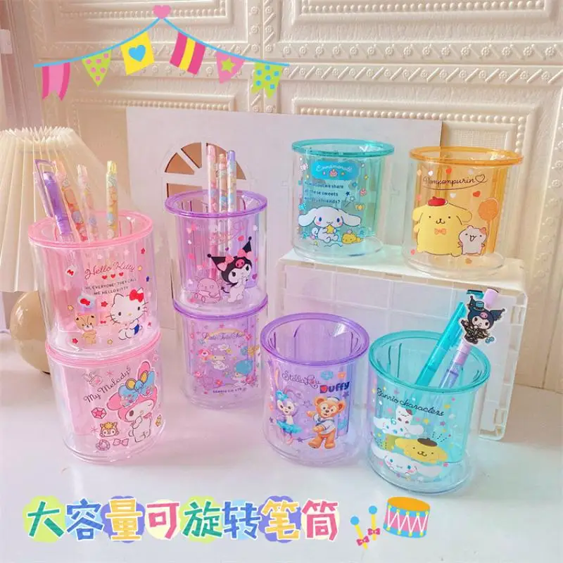 

Новинка 2024, держатель для карандашей Sanrios с рисунком аниме Hello Kitty Kuromi Hangyodo, вращающийся контейнер для хранения канцелярских принадлежностей для студентов, контейнер для кистей для макияжа