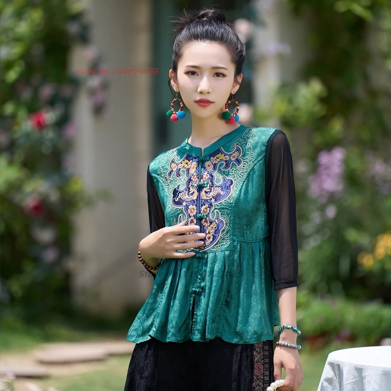 

2024 chinese vintage blouse national flower embroidery hanfu tops oriental elegant tang suit satin jacquard mesh sleeve blouse