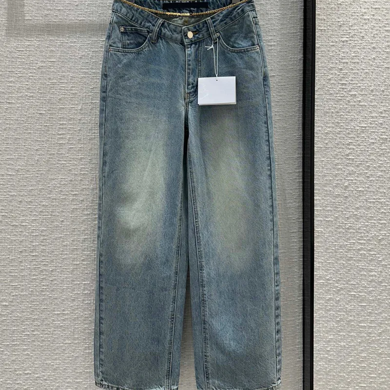 

2024 New Low-rise Straight-leg Jeans Retro Chic Street Waist Chain Design Wide-leg Trousers