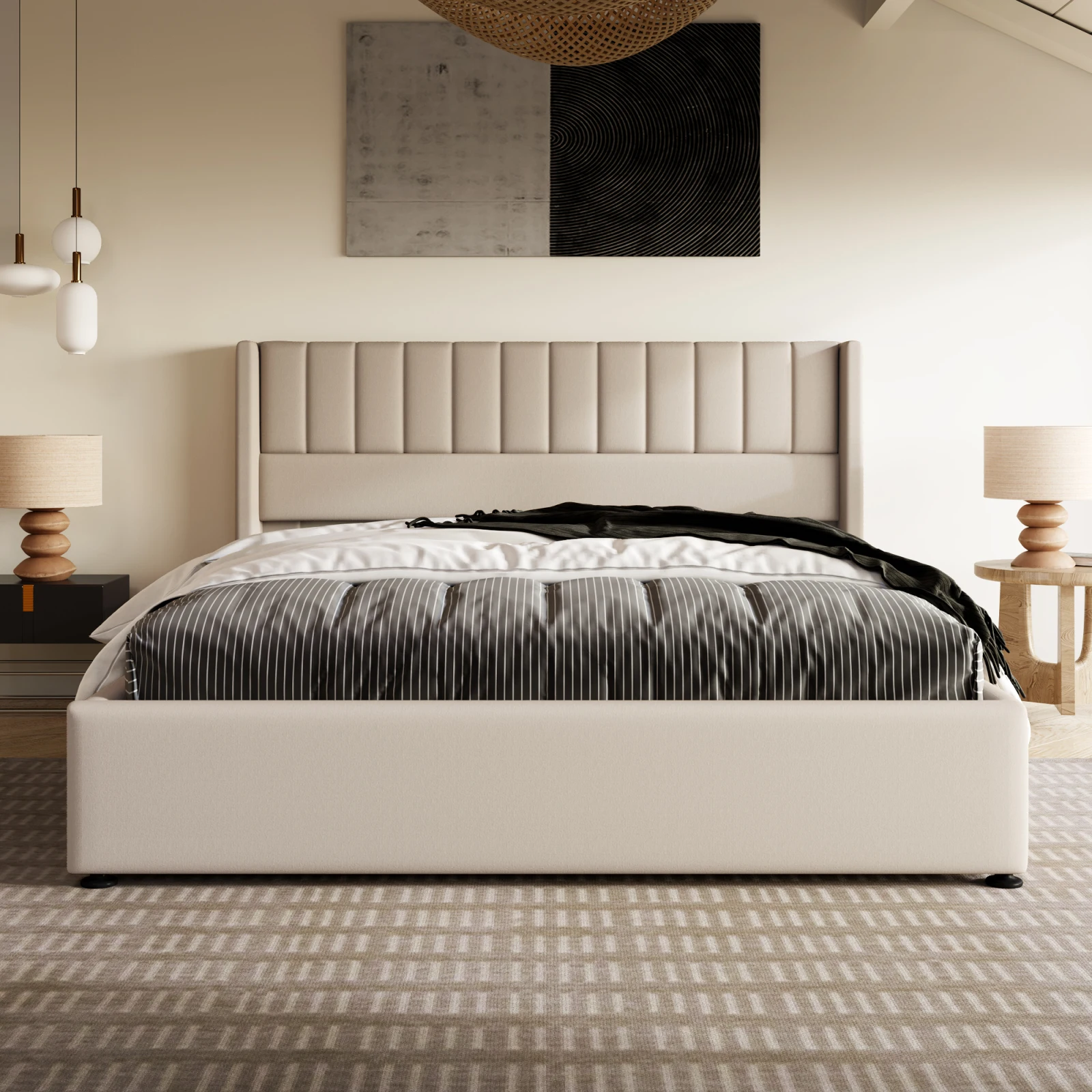 Rosahqnda Doppelbett mit hydraulischem Stauraumsystem, großem Stauraum, gepolstertem Kopfteil aus Leinen, modern und beliebt, für Jugendliche – Detail 1