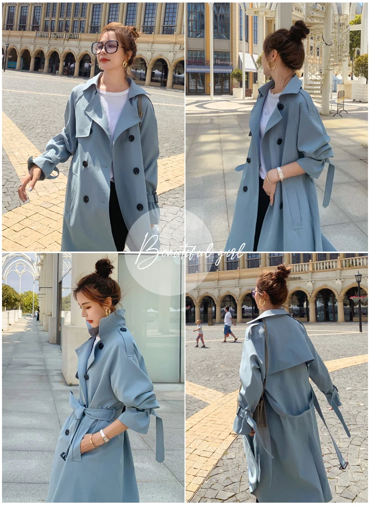 2021 Women Trench Coat Turn Down Collar Blue Long Trench Femme Women Autumn Long Coat With Belt Streetwear down parka