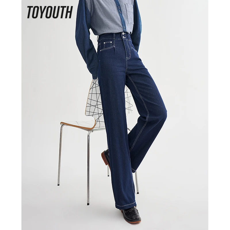 

Женские джинсы с высокой талией Toyouth, прямые длинные джинсовые брюки с карманами, темно-синие классические повседневные уличные брюки, весна 2023
