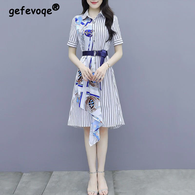 

Summer Women's Elegant Fashion Striped Printing Patchwork Shirt Dress Female Casual Lace Up A-line Robe Single Breasted Vestido
