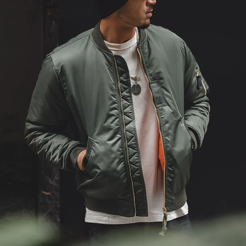 Maden Vintage MA1 Pilot Jacket for Men's Winter Green Cotton Thickened Coat Baseball Pockets Flight Zipper Jacket Outwear Tops 4
