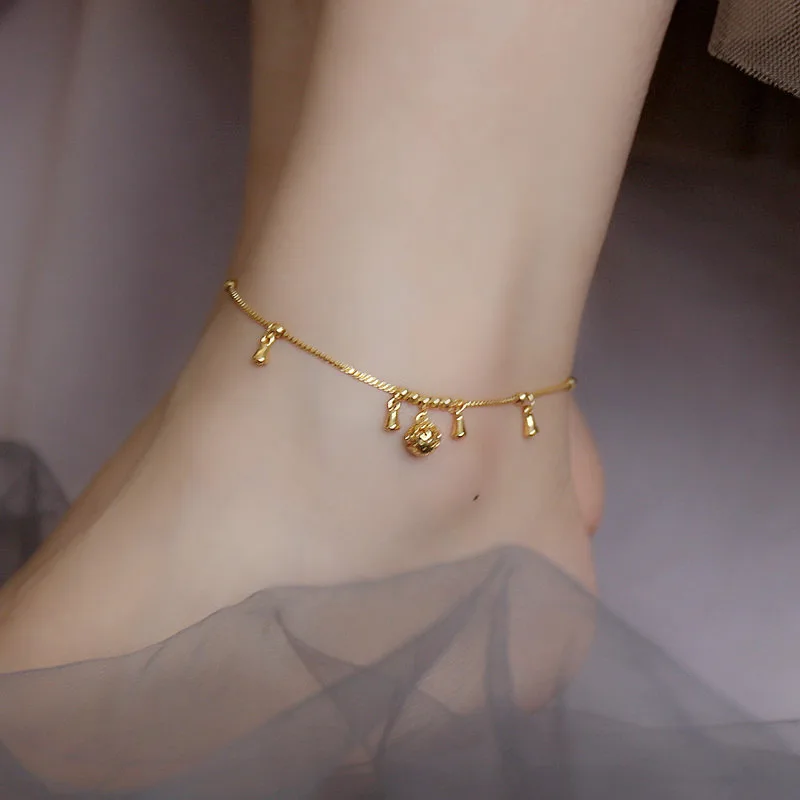 Silver Anklet 925 Sterling Gold Color Beads Drop Openwork Ball For Woman Girl Jewelry
