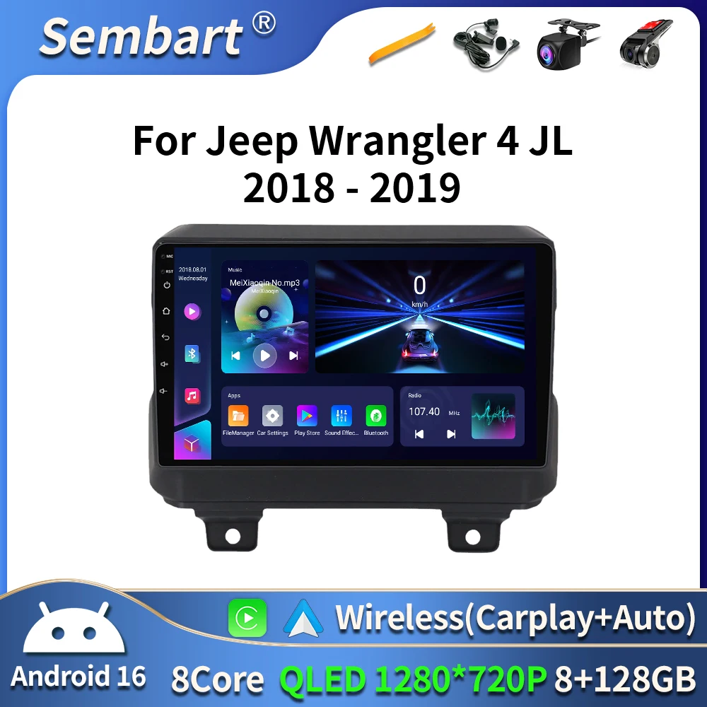 Radio de coche Android 16 para Jeep Wrangler 4 JL 2018 - 2019 4G WIFI Qualcomm DVD QLED unidad principal de navegación GPS reproductor Viedo BT 1