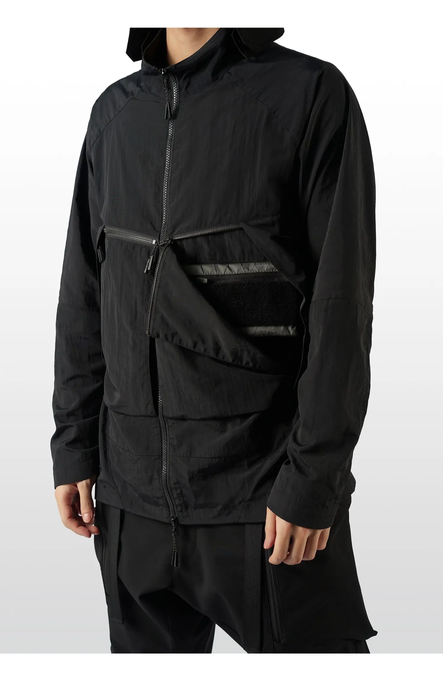 Nosucism 22ss stand collar jacket hidden front molle nylon material x-cut back techwear don't have strap