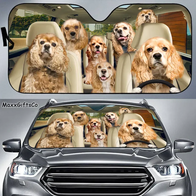 

American Cocker Spaniel Car Sun Shade, Dogs Windshield, Dogs Family Sunshade, Dog Car Accessories, Car Decoration, Gift For Dad,