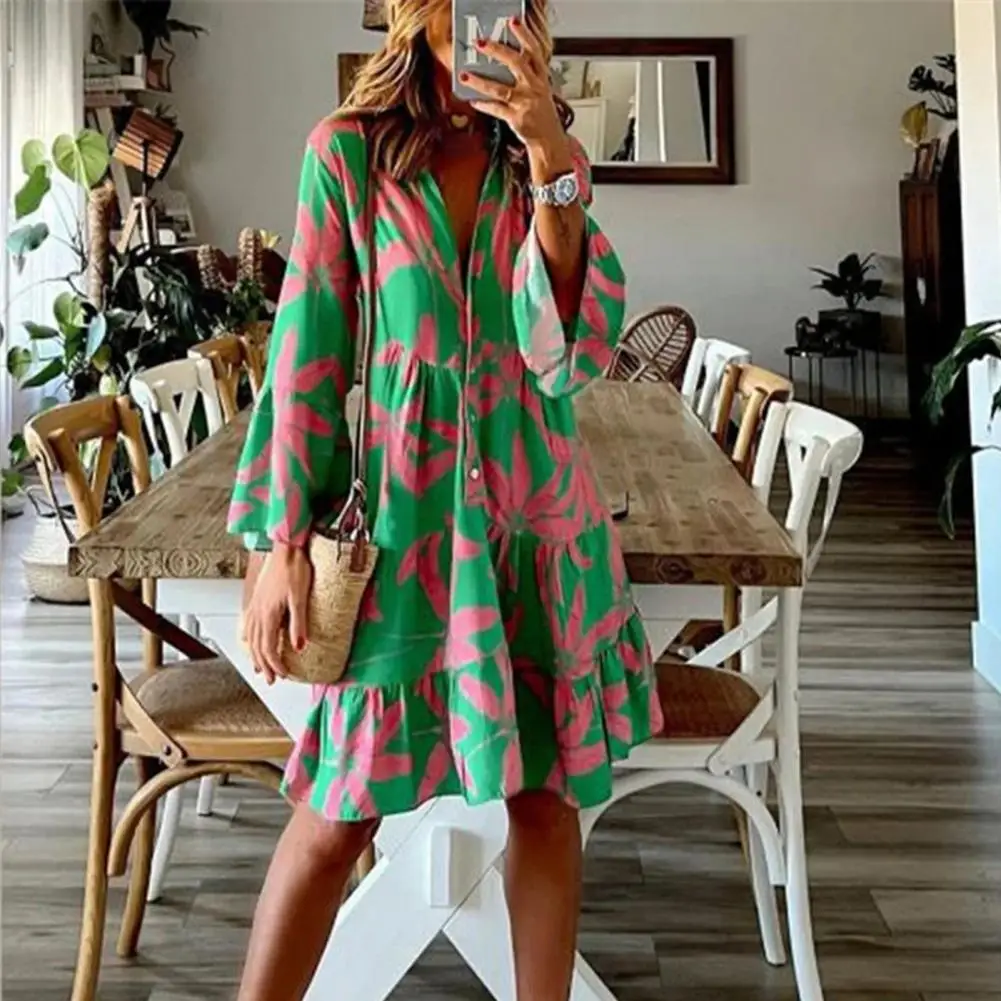 

Women Summer Dress A Line Skirt Loose Trumpet Sleeve Long Sleeves Printing Dress-up Loose Hem Lady Midi Dress Female Clothes