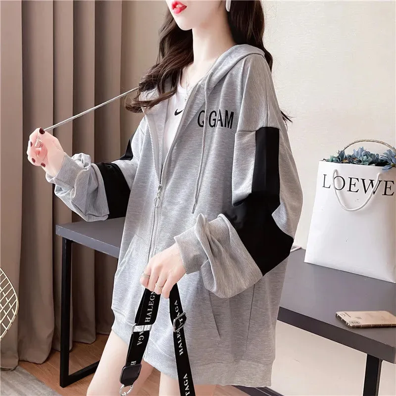 

Sweatshirt Female Spring Autumn Hooded Letter Stitching Zipper Cardigan Loose Fashion Commuter Jacket Top Women's Clothing ZM666