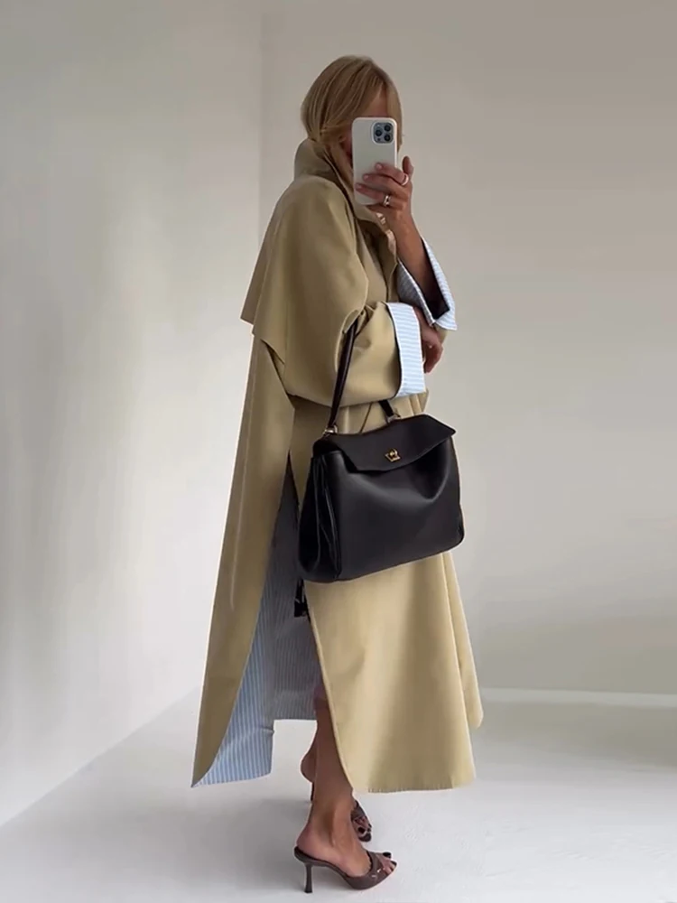 Oversized Stand Collar Trench Coat With Single Breasted Buttons Pockets And Side Split — photo 5