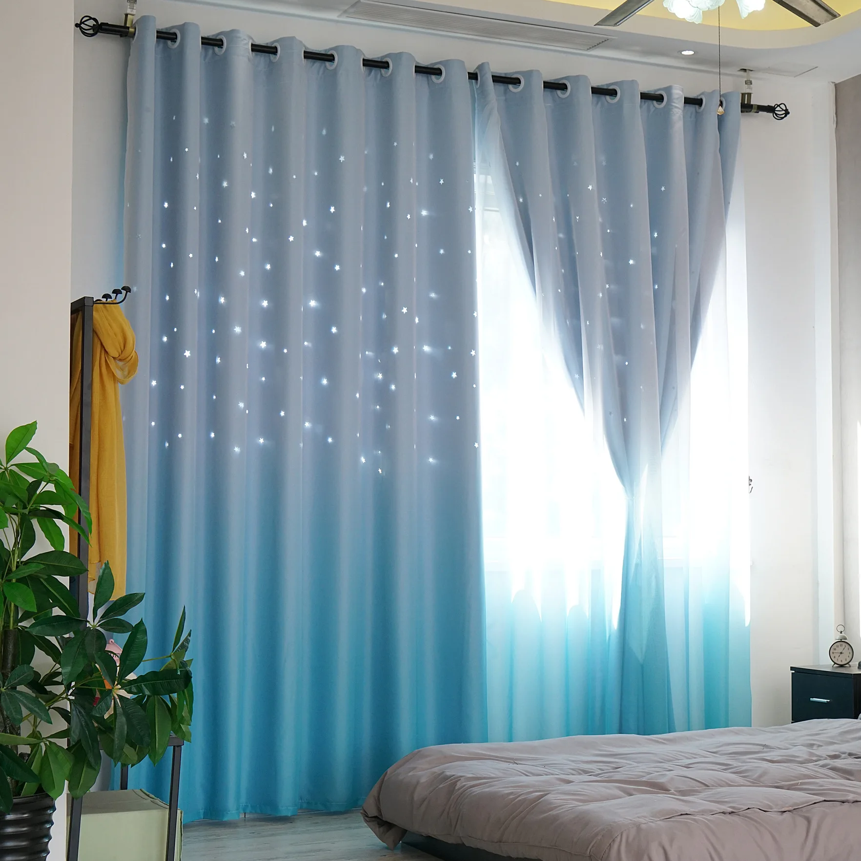 Pastoral Curtains for Living Dining Room Lace Fabric Hollow Star Kids Curtain for Bedroom Tulle Curtain Gradual Change Fantastic 