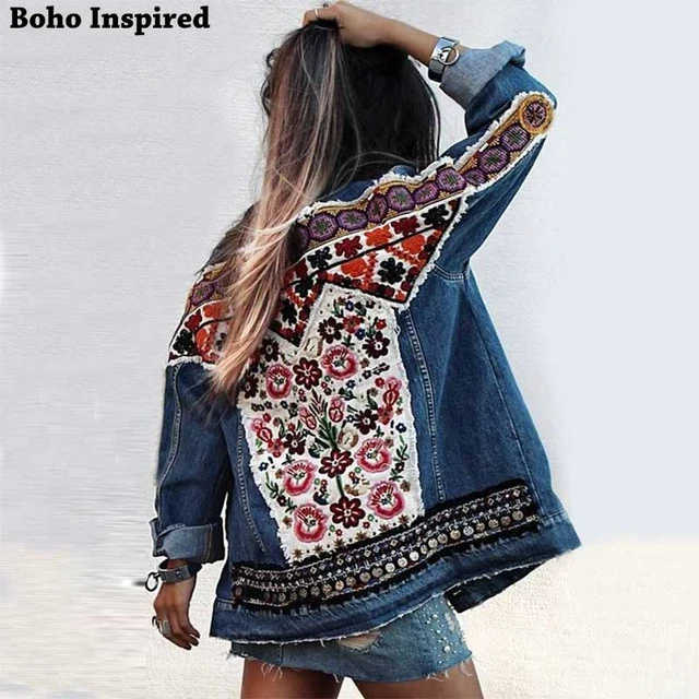 Womens Embellished Denim Jacket Floral Boho Shabby Chic Festival