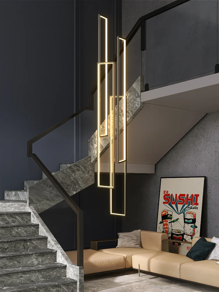 Modern LED Stair long chandelier minimalist creative rectangular villa duplex chandelier Nordic luxury loft living room Lamps led chandelier ceiling chandelier