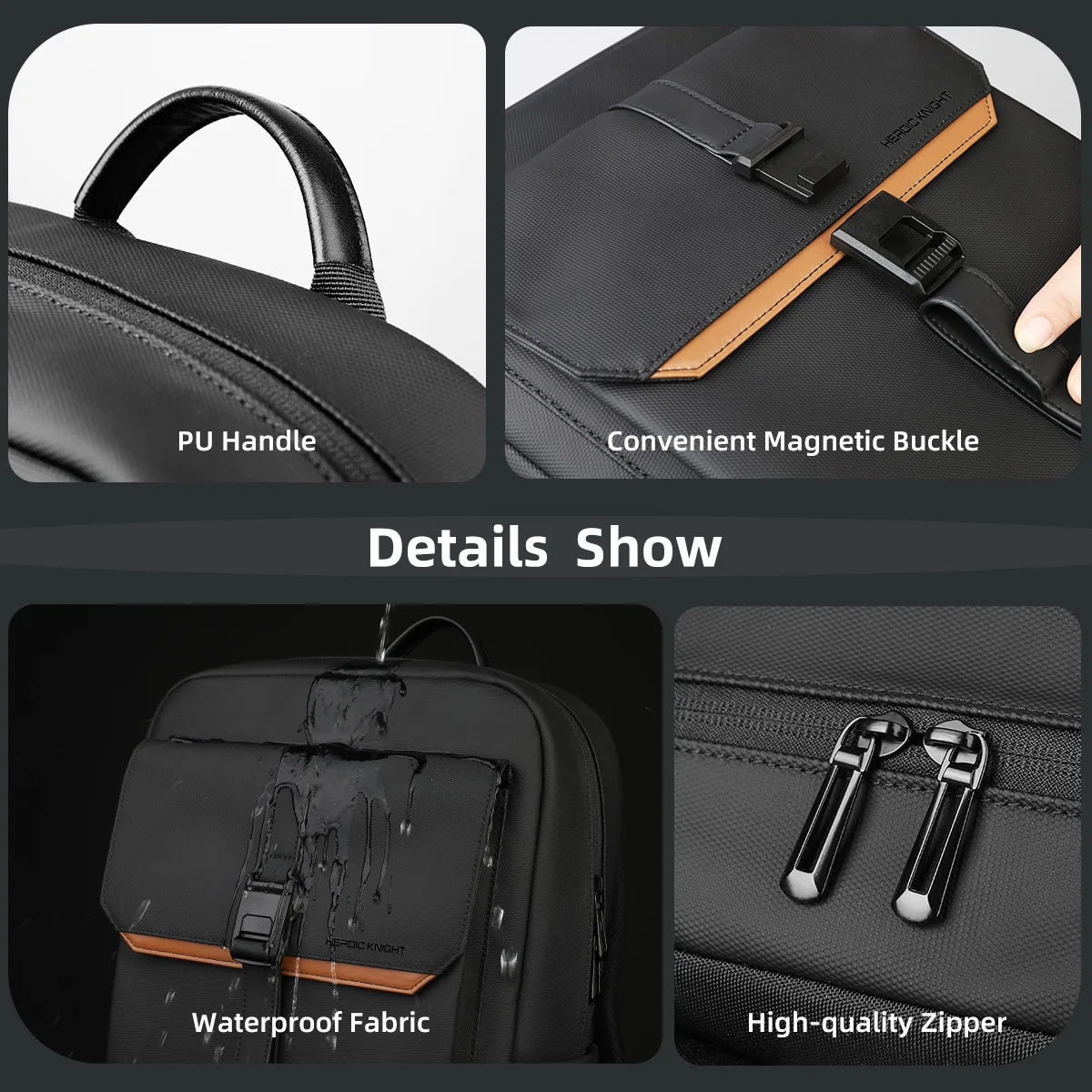 Heroic Knight Business Laptop Backpack 15.6" Men Waterproof Fashion Magnetic Flap Travel Backpack Trekking Casual Backpack Black 6