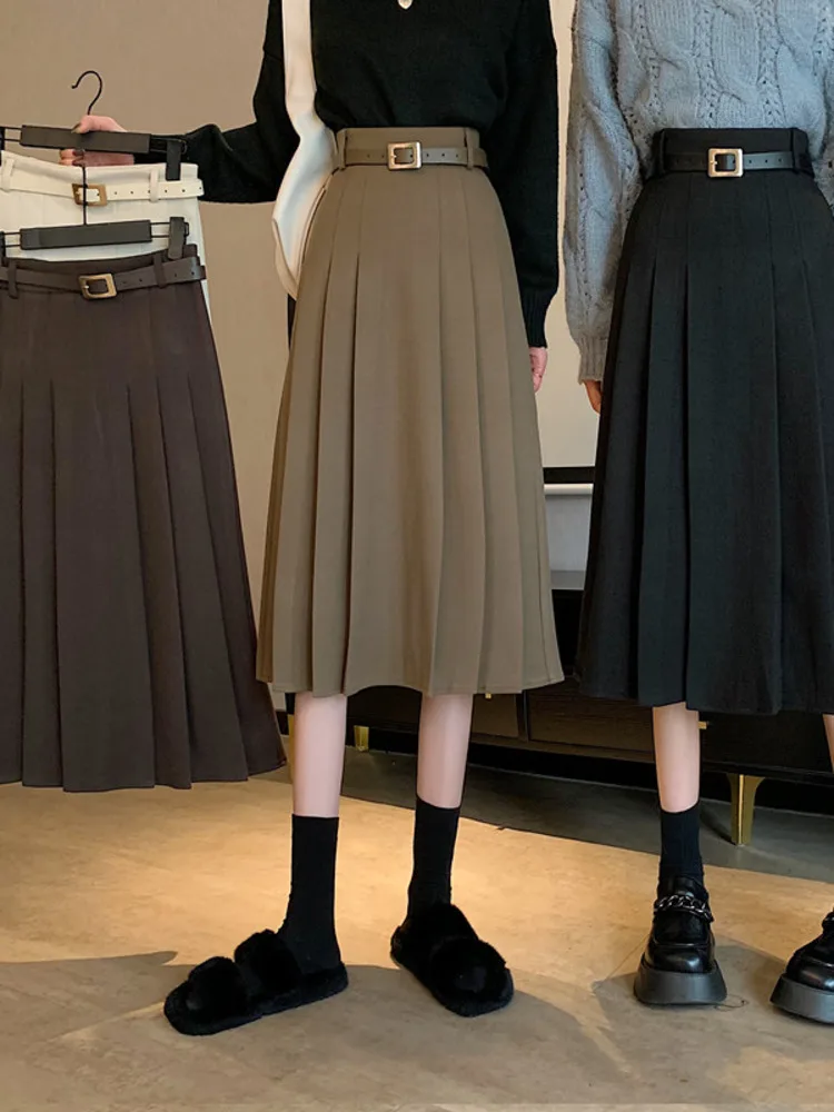 

Vintage A-Line Skirt For Wome High Waist Casual Elegant Solid Basic Fashion All-match Office Lady Skirts Chic Streetwear New