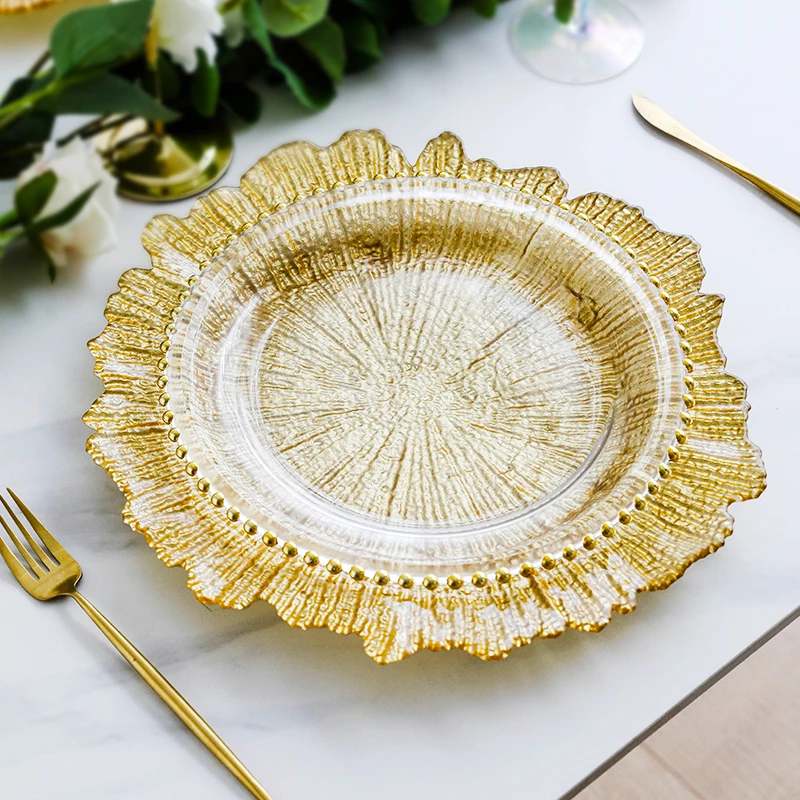

JINYOUJIA-Large Glass Plate, Golden Sun Pad, Decorative Plate, Kitchen Supplies, Special for High-end Restaurant, 13 in