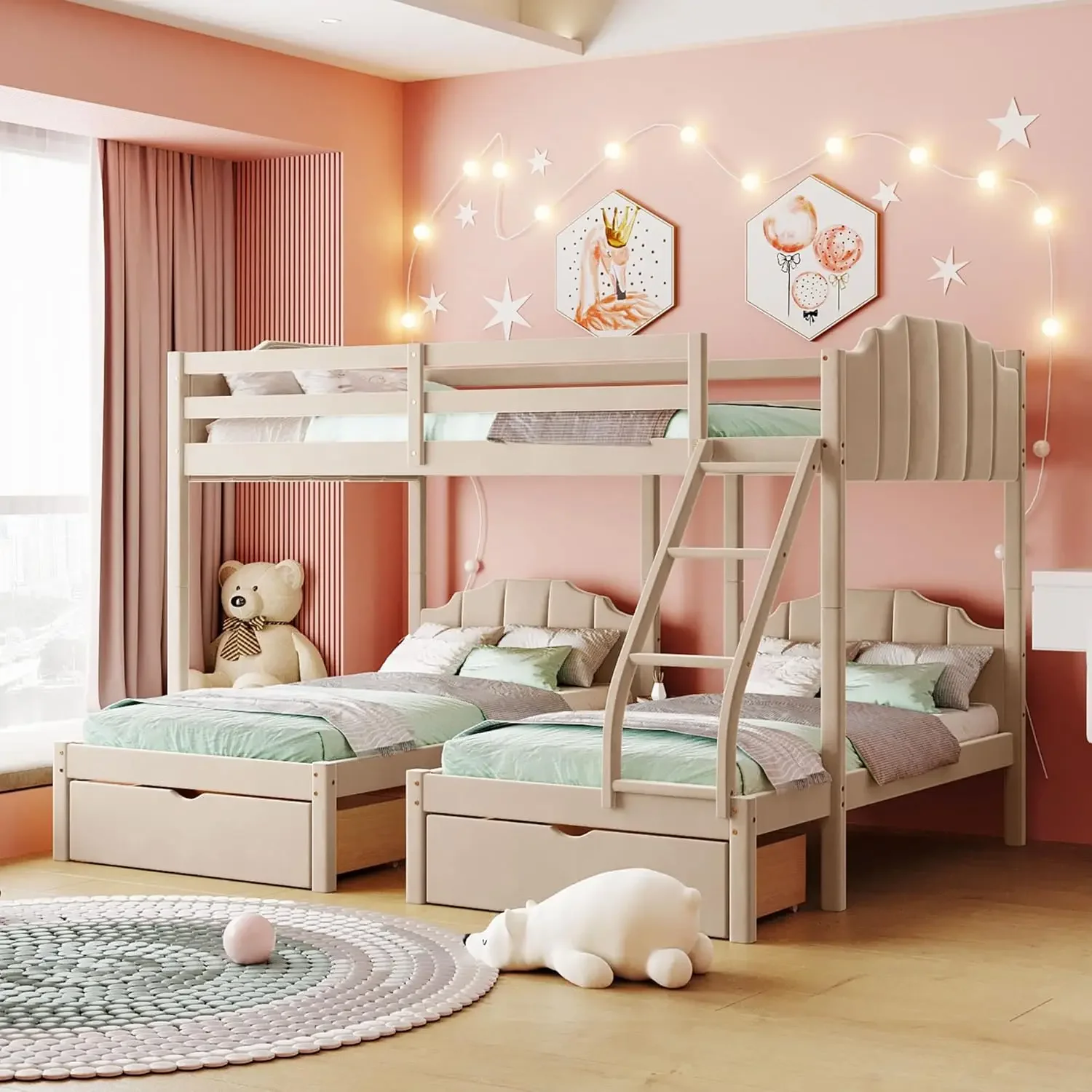 Full Over Twin & Twin Bunk Bed, Velvet Triple Bunk Bed with Drawers and Guardrails, Beige 2025 Christmas gifts 3