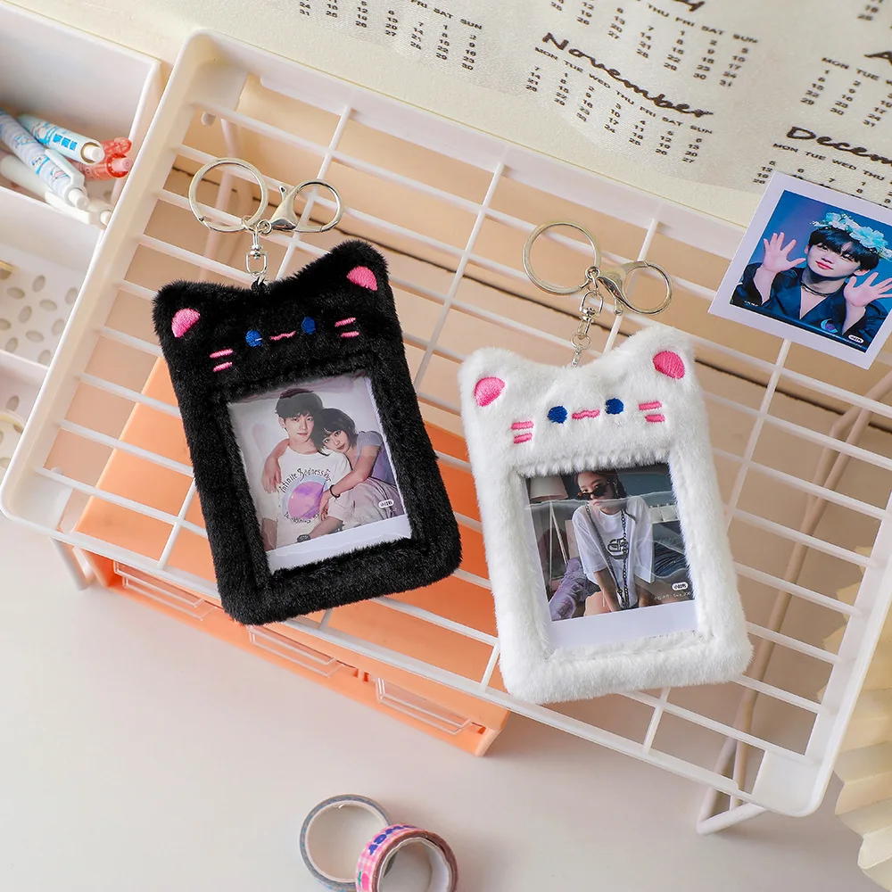 Cute Plush Kpop Photocard Holder with Keychain, Cartoon Bear Rabbit Cat  Photo Sleeve ID Bank Credit Card Holder Protector Stationery 