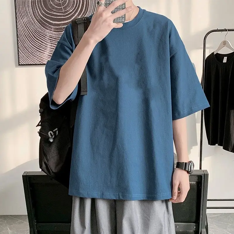 

Short Sleeved T-shirt for Men Summer Slim New Instagram Trend Loose Korean Style 5/4 Sleeve Simple Pure Cotton T-shirt Clothes