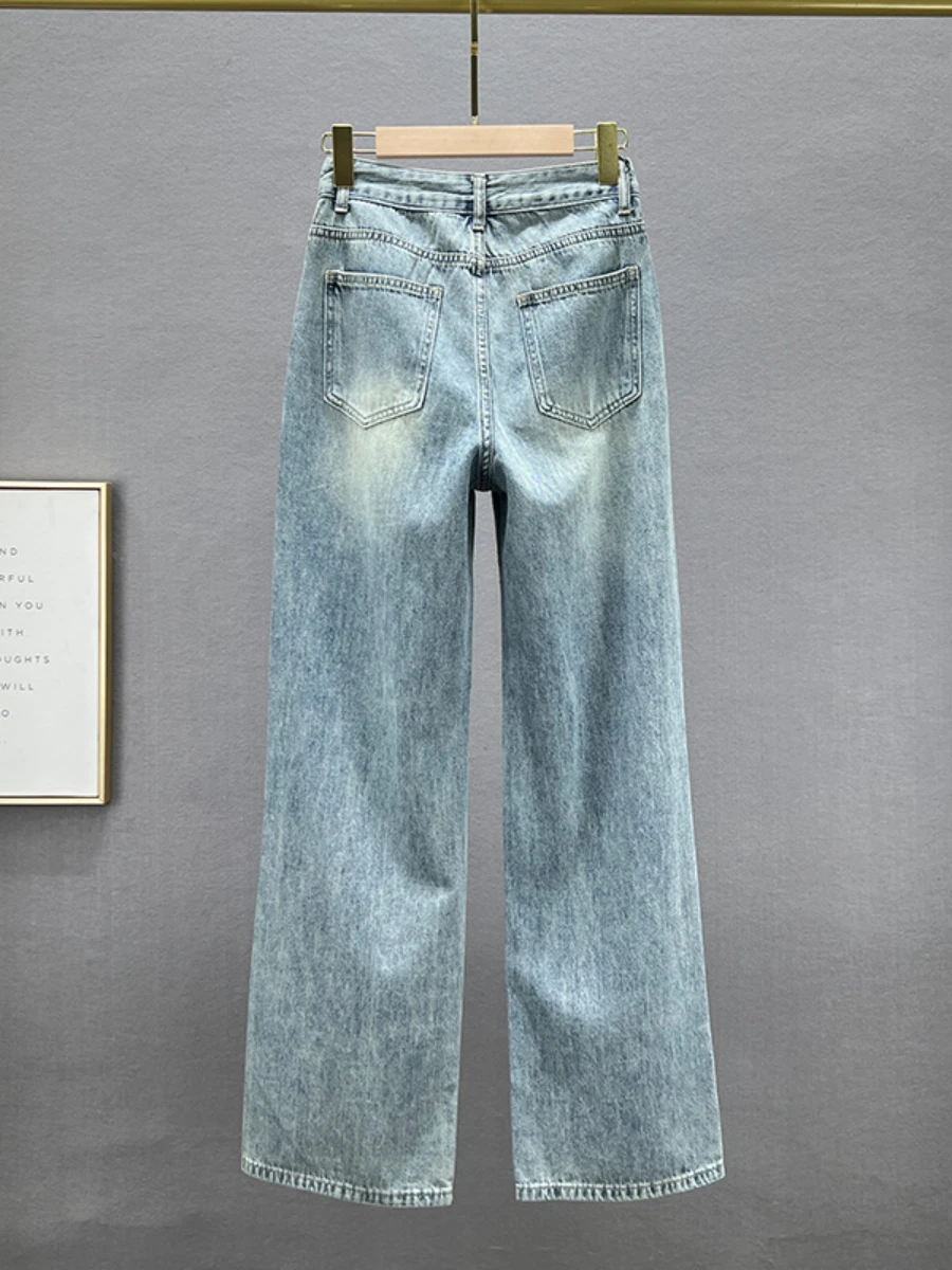 Heavy Industry Diamond Wide Leg Mop Pants Women's 2023 New Spring Summer New High Waist Loose Hole Jeans Baggy Jeans Female