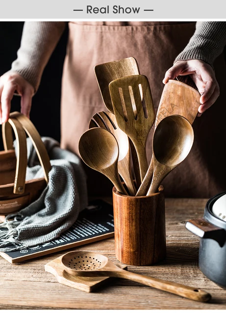  Juego de 4 cucharas de madera de 9 pulgadas para cocinar,  servir ensalada, remover sopa, arroz, resistencia al calor antiadherente,  fácil de usar : Hogar y Cocina