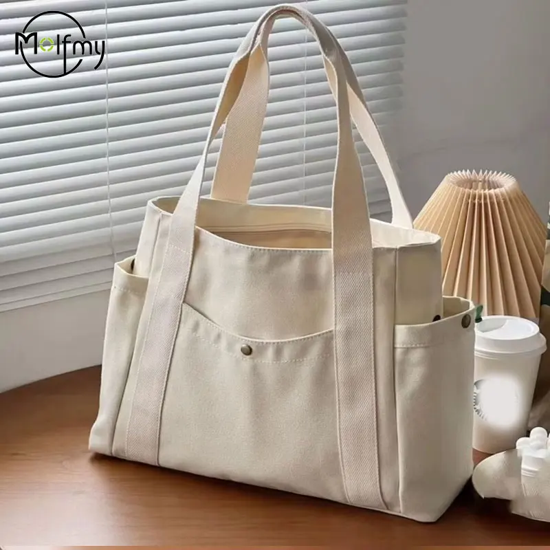 Spacious Multi-Pocket Canvas Tote Bag for Women - Versatile Handbag for Work, Class, and Shopping