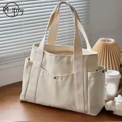 Spacious Multi - Pocket Canvas Tote Bag for Women - Versatile Handbag for Work, Class, and Shopping (White)