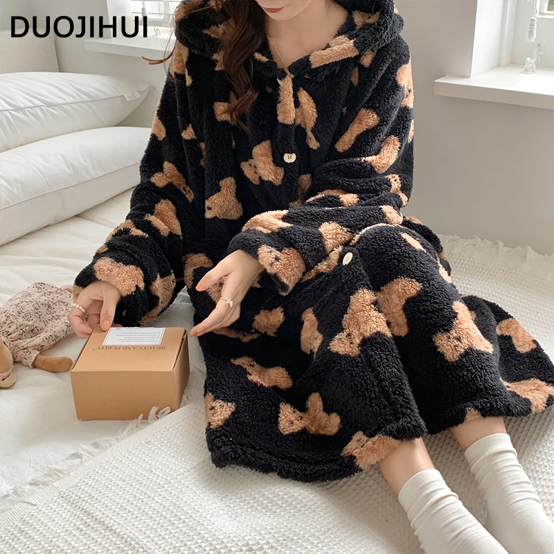 DUOJIHUI Contrast Color Hooded Cute Thick Warm Robes for Women Chic Print Pocket Loose Simple Casual Fashion Flannel Female Robe