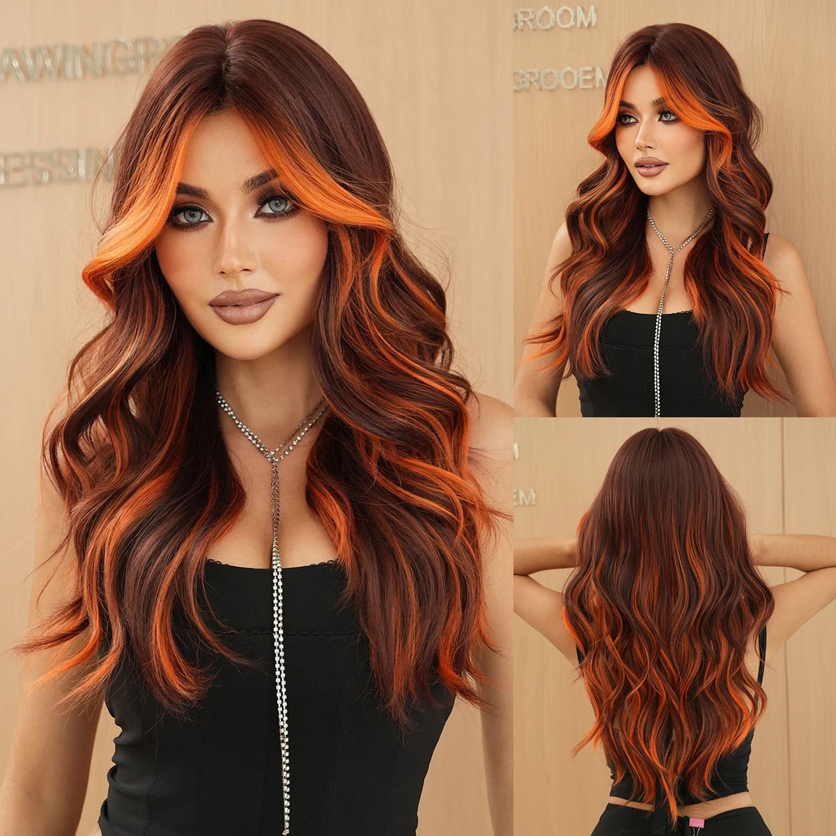 NAMM Layered Wig Synthetic Orange Wig for Women Cosplay Highlight dyeing Orange Wavy Wigs with Fluffy Bangs Glueless