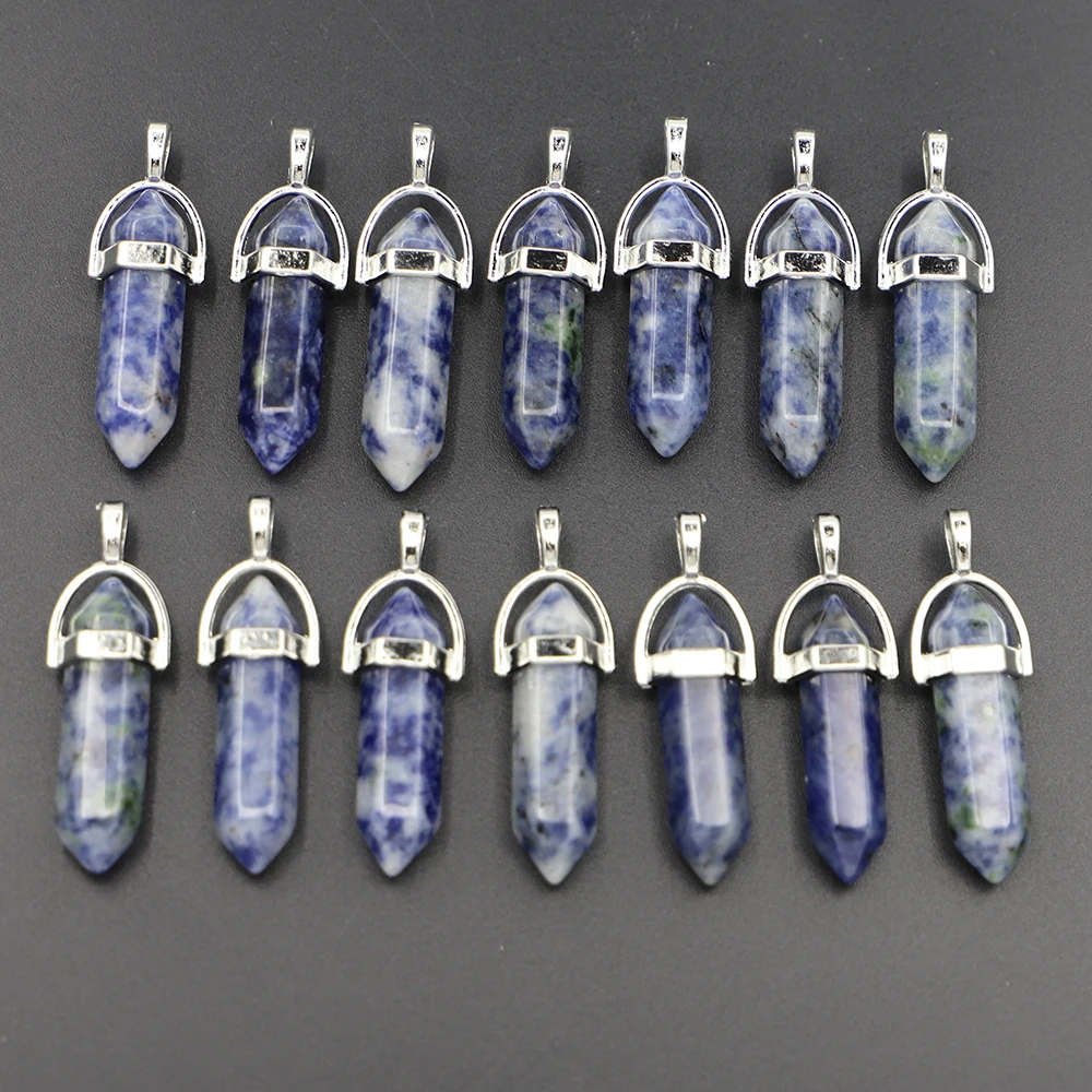 Hot Selling Natural Stone Sodalite Hexagonal Pillar Pendants Column Female Charms Necklace for Women DIY Jewelry Making 24Pcs