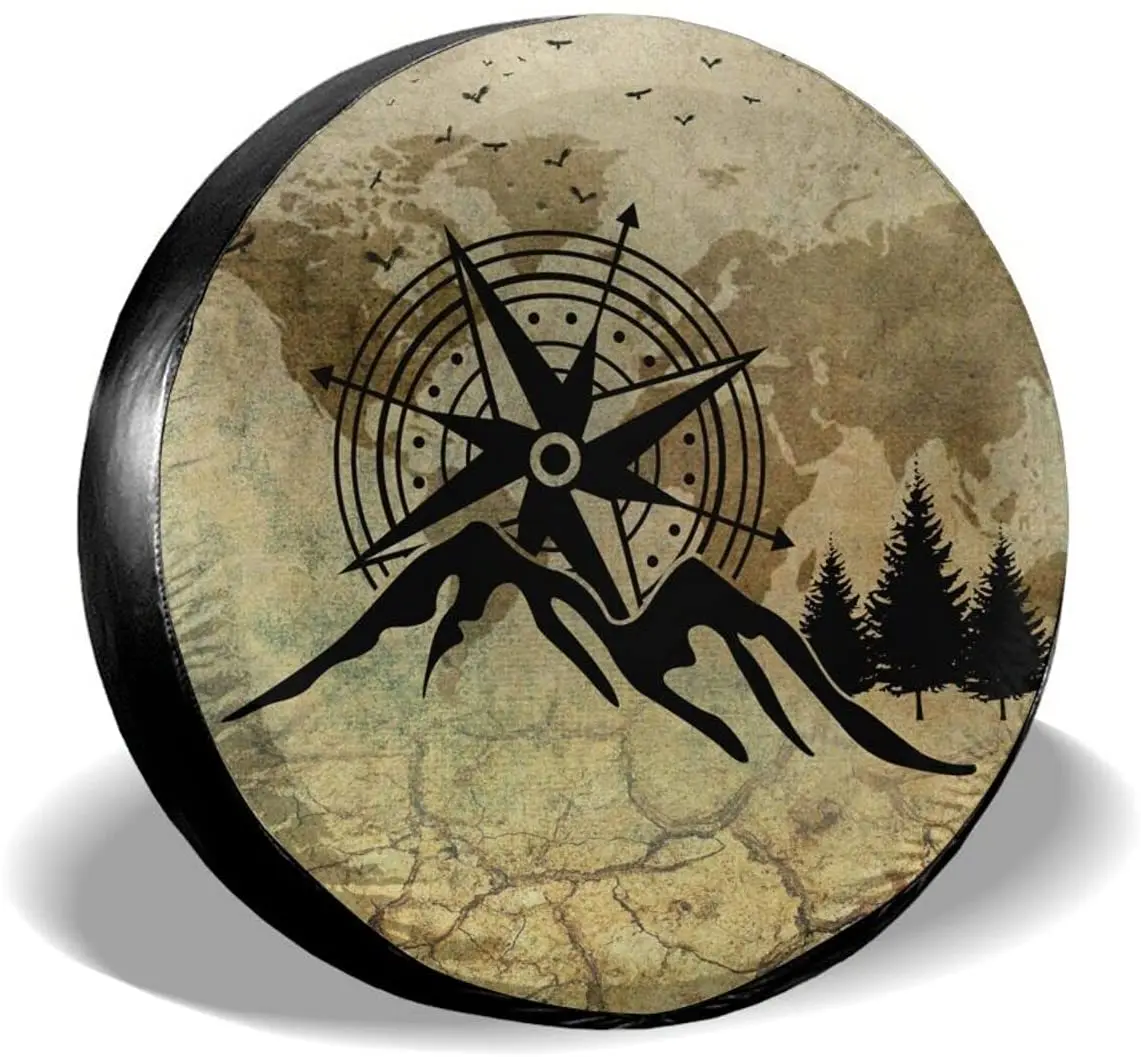 Nature Mountain Compass Tire Cover Universal Spare Wheel Tire Cover Wheel  Covers for Trailer